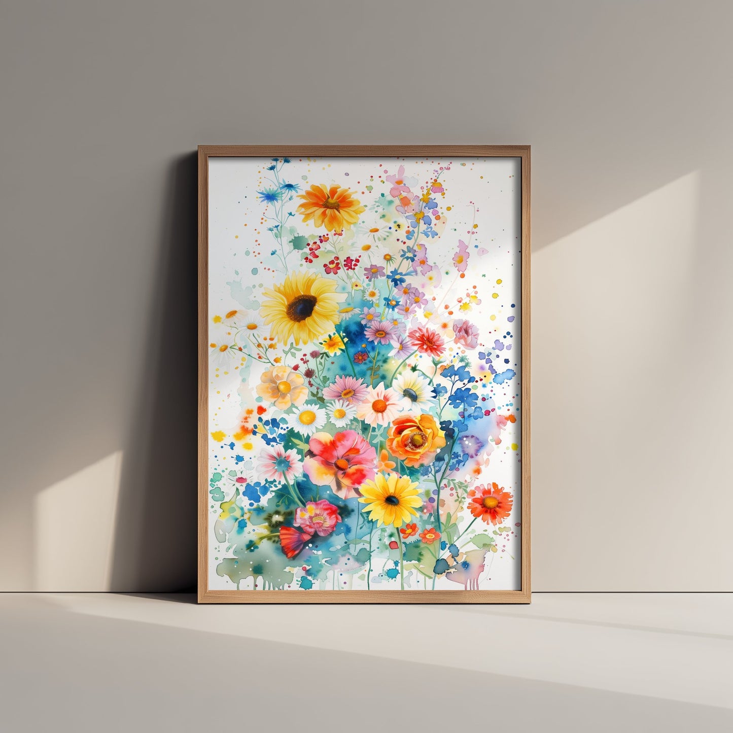 Watercolour Sunflower Art Print - Colourful Wildflower Painting Poster - Emotive Botanical - Bright Blue Blooms V4 1/3
