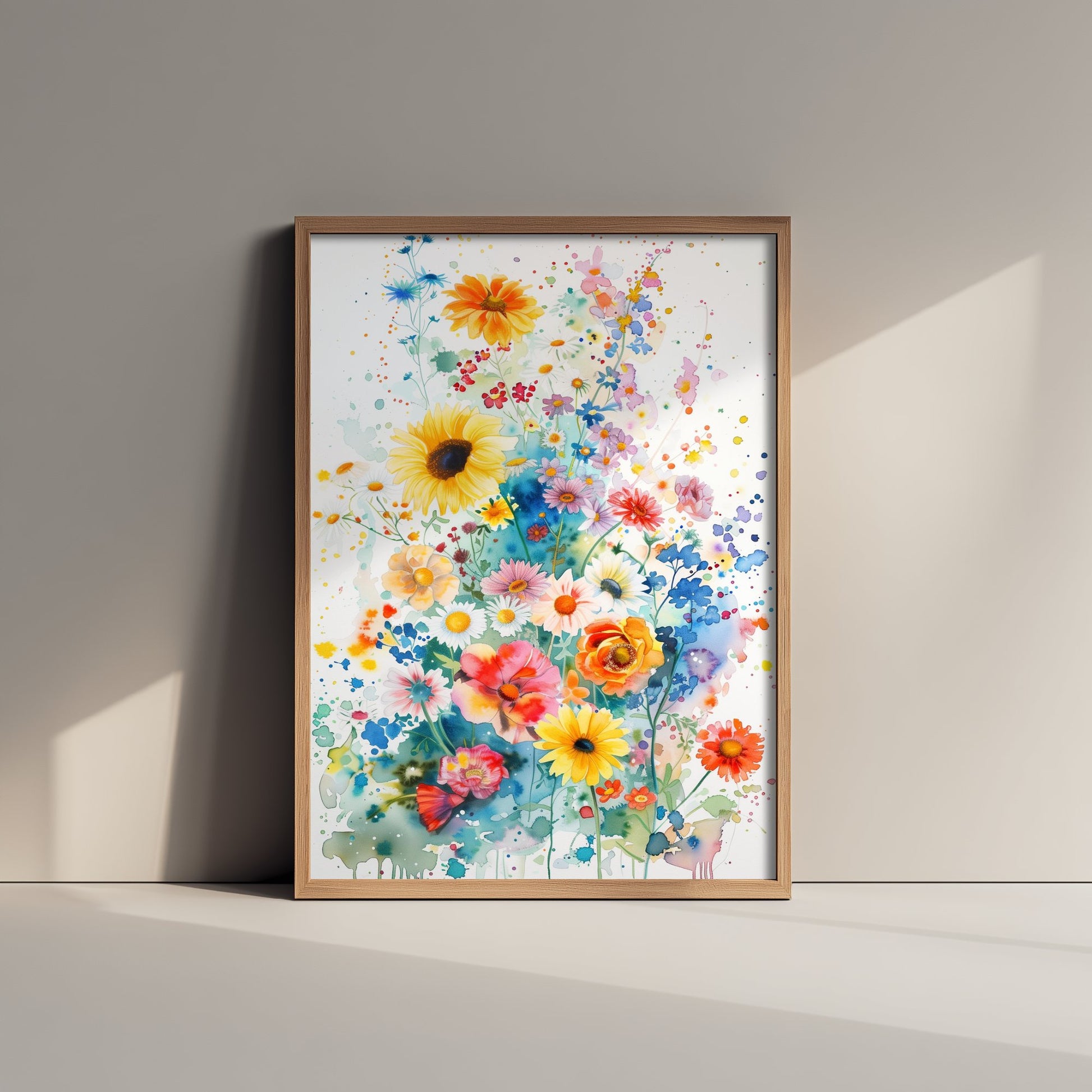 Watercolour Sunflower Art Print - Colourful Wildflower Painting Poster - Emotive Botanical - Bright Blue Blooms V4 1/3