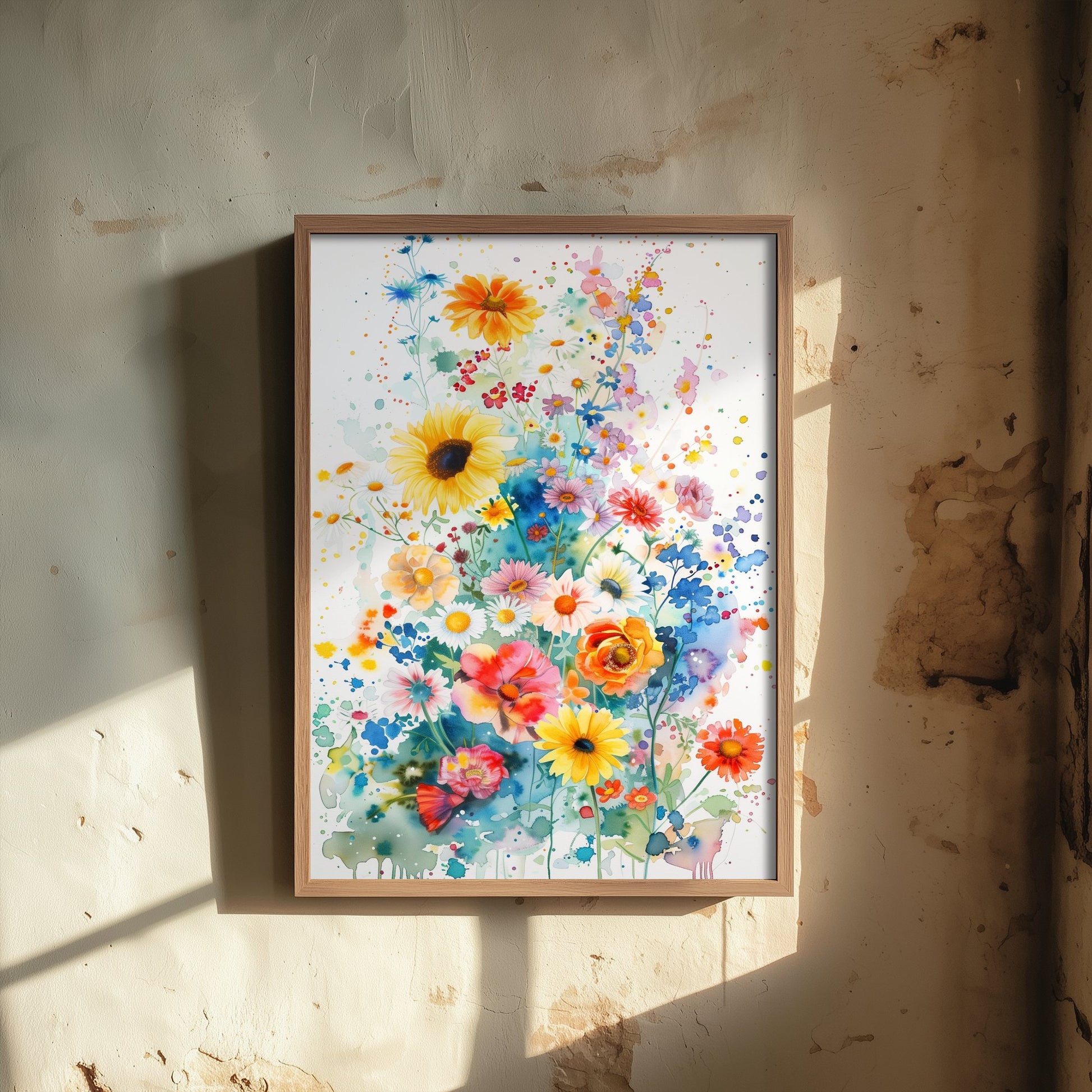 Watercolour Sunflower Art Print - Colourful Wildflower Painting Poster - Emotive Botanical - Bright Blue Blooms V4 1/3