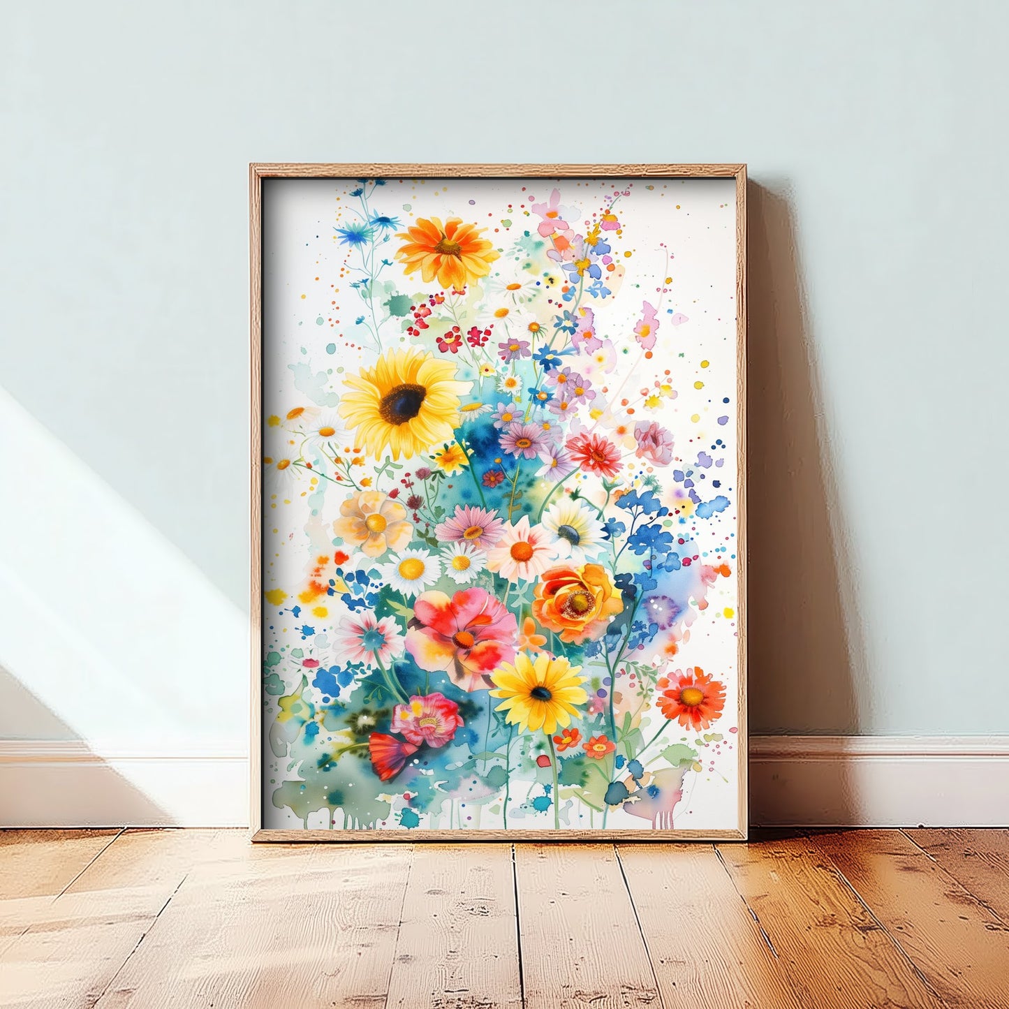 Watercolour Sunflower Art Print - Colourful Wildflower Painting Poster - Emotive Botanical - Bright Blue Blooms V4 1/3