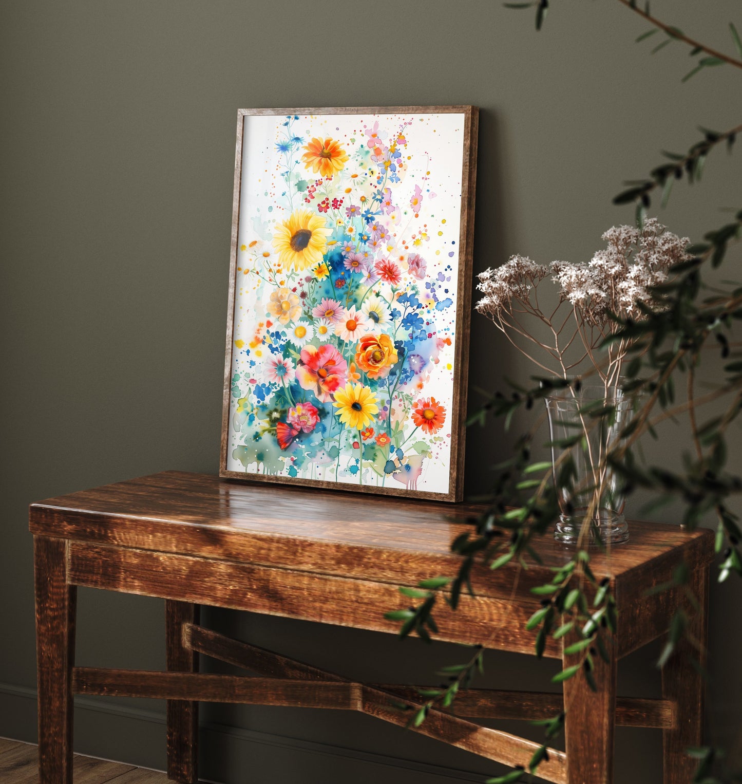 Watercolour Sunflower Art Print - Colourful Wildflower Painting Poster - Emotive Botanical - Bright Blue Blooms V4 1/3