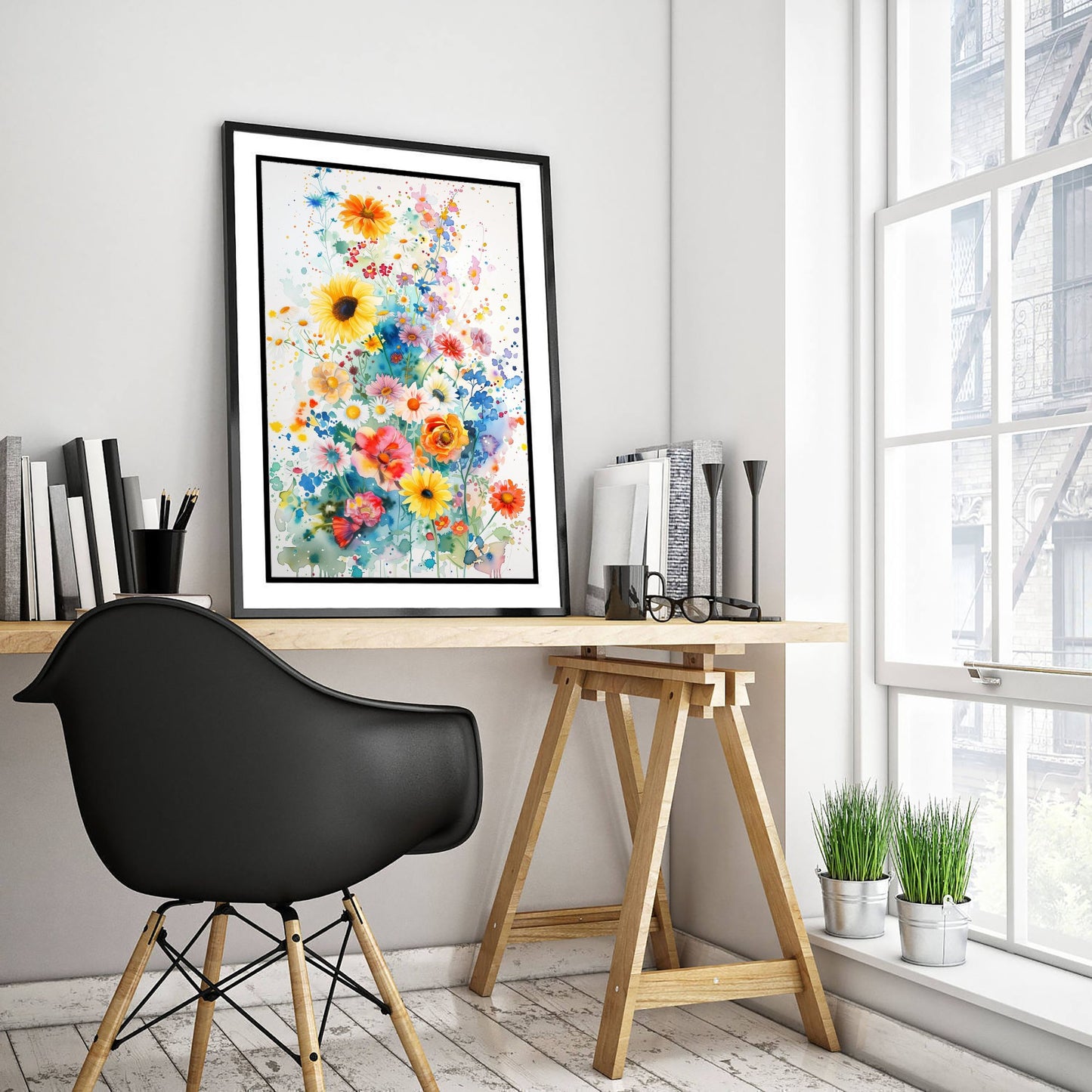 Watercolour Sunflower Art Print - Colourful Wildflower Painting Poster - Emotive Botanical - Bright Blue Blooms V4 1/3