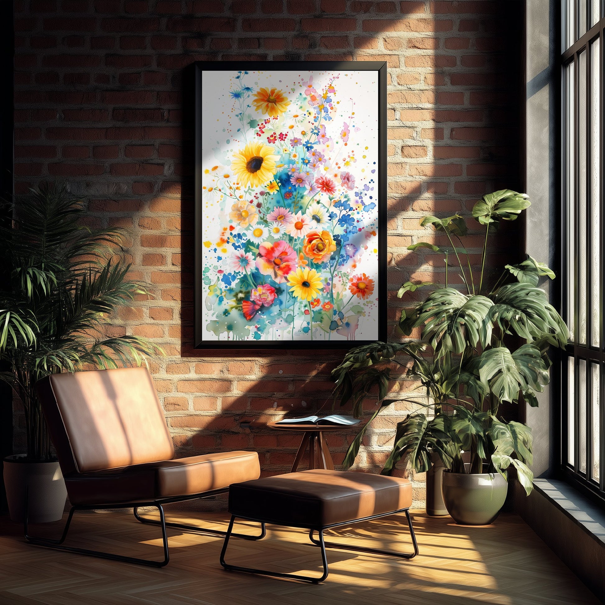 Watercolour Sunflower Art Print - Colourful Wildflower Painting Poster - Emotive Botanical - Bright Blue Blooms V4 1/3