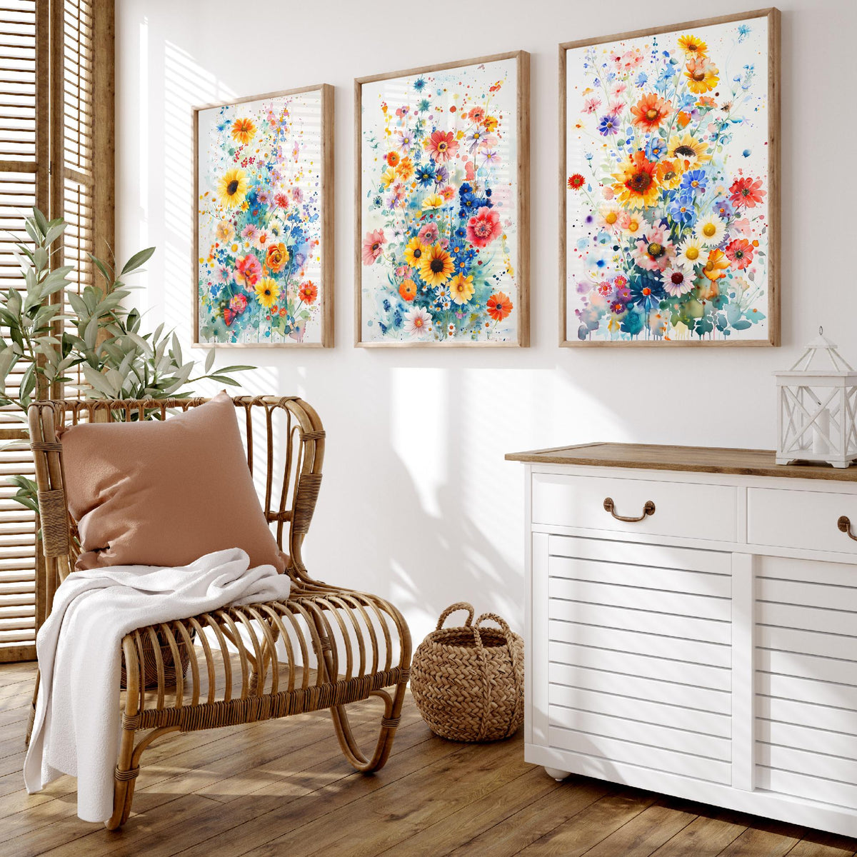 Watercolour Flower Set of Three Art Prints - 3 Sunflower Cornflower Posters - Vivid Botanical Painting Wall Art Gift Bouquet V4