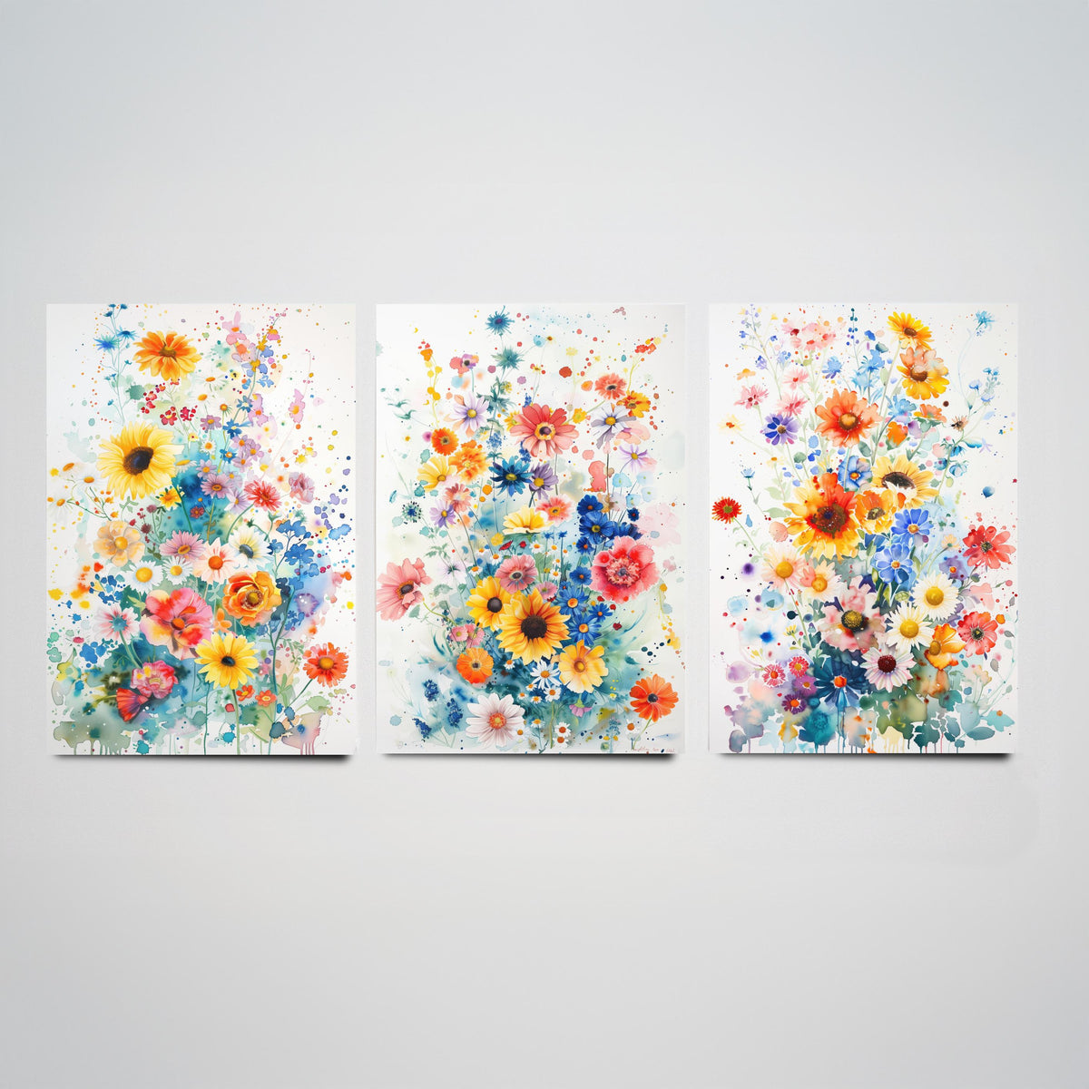 Watercolour Flower Set of Three Art Prints - 3 Sunflower Cornflower Posters - Vivid Botanical Painting Wall Art Gift Bouquet V4