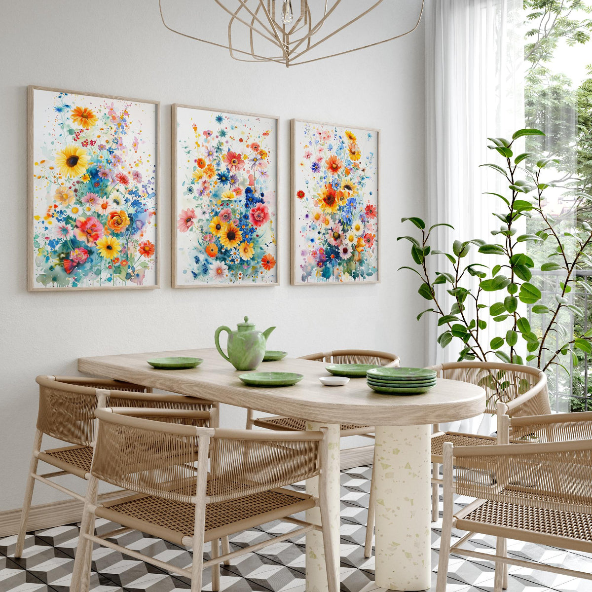 Watercolour Flower Set of Three Art Prints - 3 Sunflower Cornflower Posters - Vivid Botanical Painting Wall Art Gift Bouquet V4