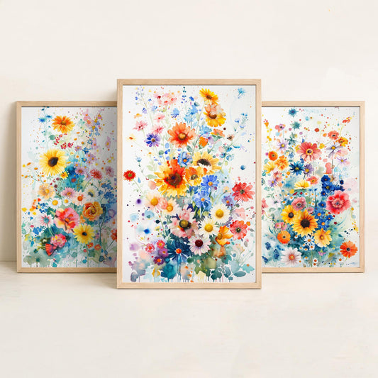 Watercolour Flower Set of Three Art Prints - 3 Sunflower Cornflower Posters - Vivid Botanical Painting Wall Art Gift Bouquet V4