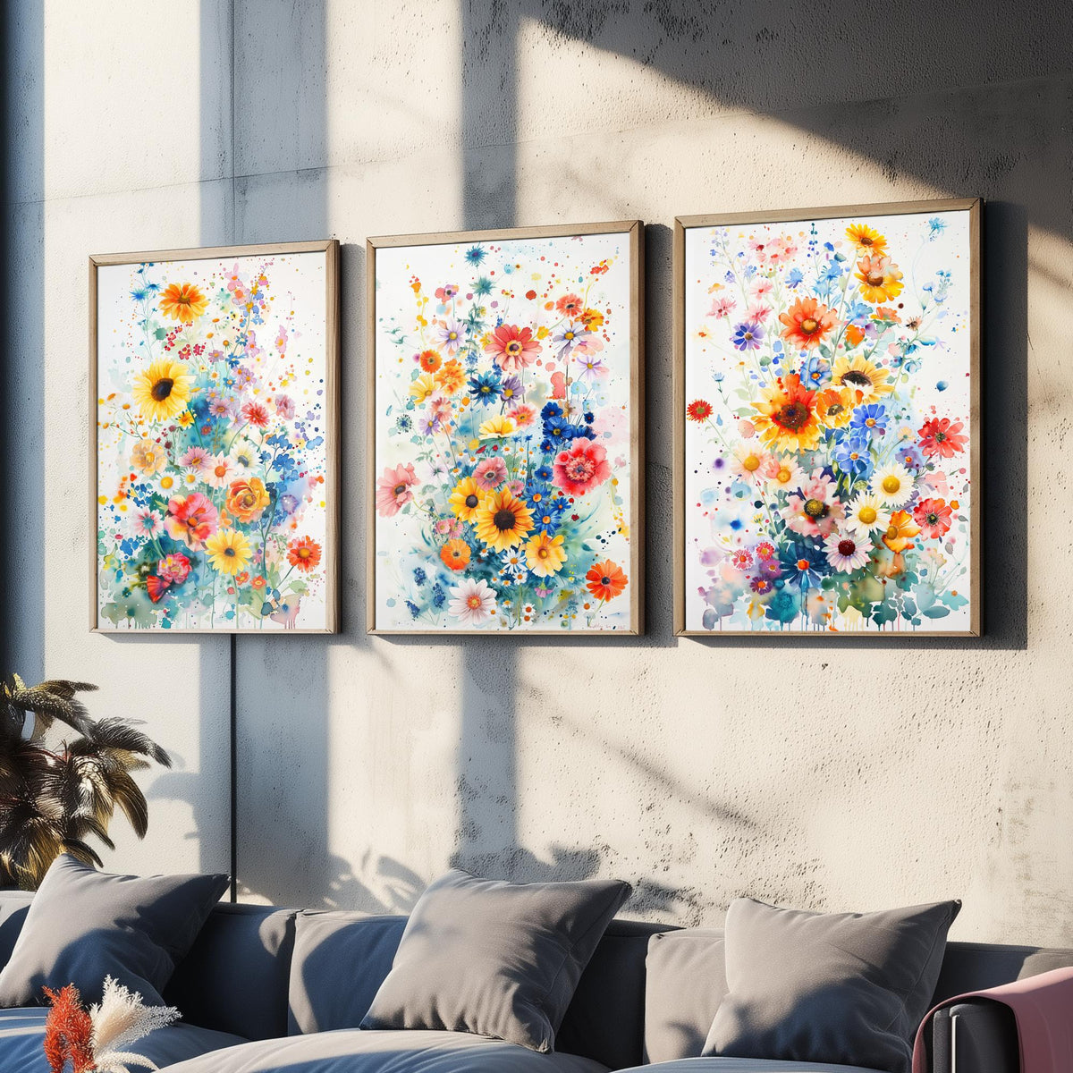 Watercolour Flower Set of Three Art Prints - 3 Sunflower Cornflower Posters - Vivid Botanical Painting Wall Art Gift Bouquet V4