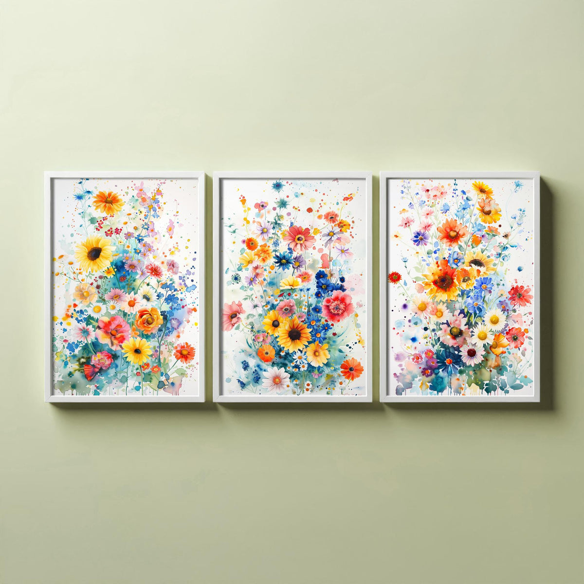 Watercolour Flower Set of Three Art Prints - 3 Sunflower Cornflower Posters - Vivid Botanical Painting Wall Art Gift Bouquet V4