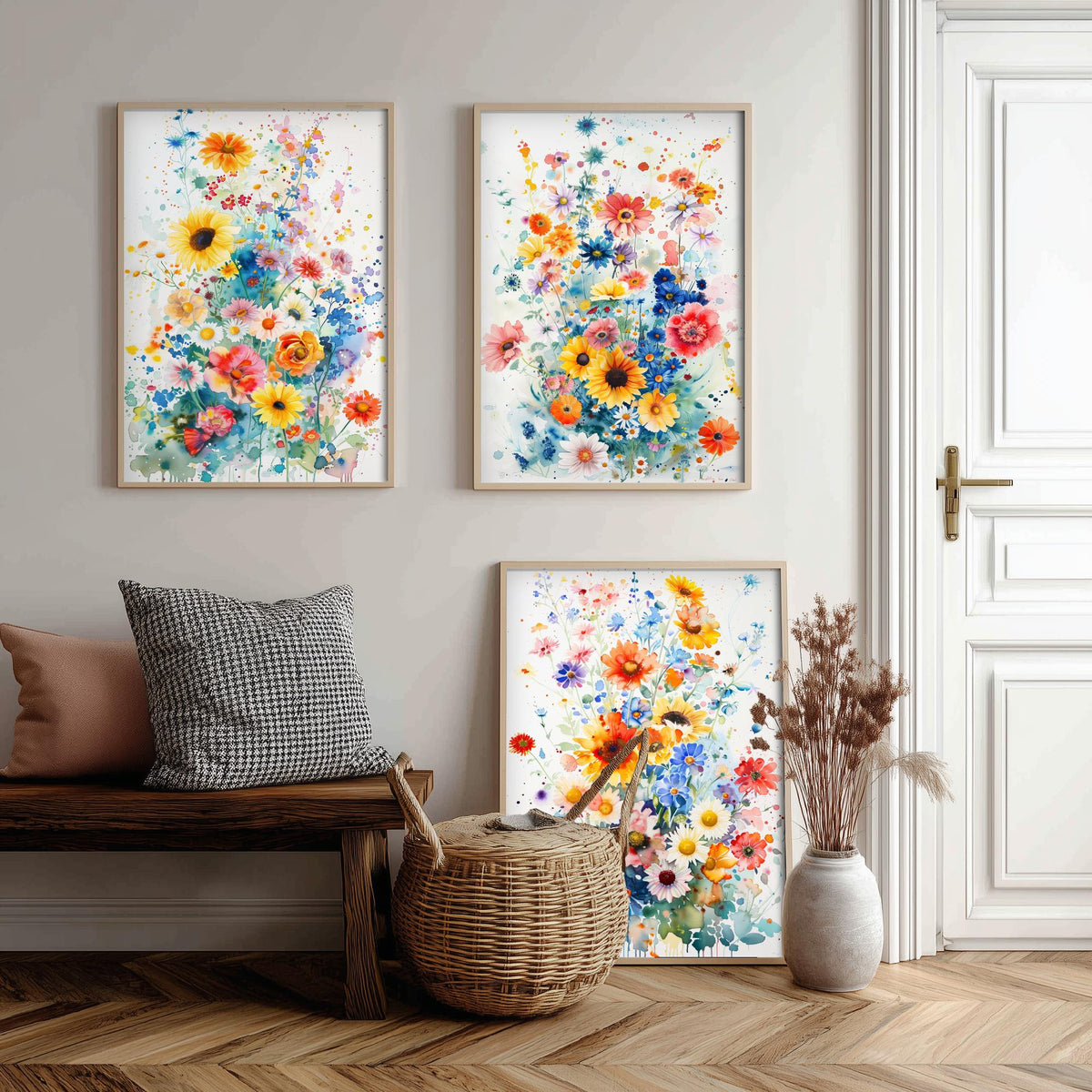 Watercolour Flower Set of Three Art Prints - 3 Sunflower Cornflower Posters - Vivid Botanical Painting Wall Art Gift Bouquet V4