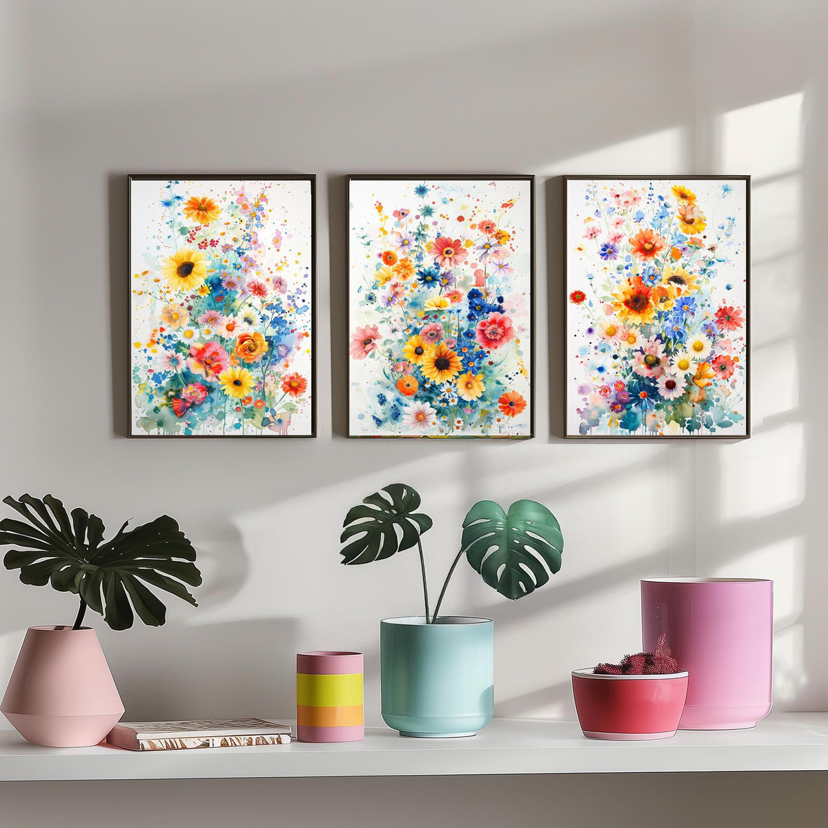 Watercolour Flower Set of Three Art Prints - 3 Sunflower Cornflower Posters - Vivid Botanical Painting Wall Art Gift Bouquet V4