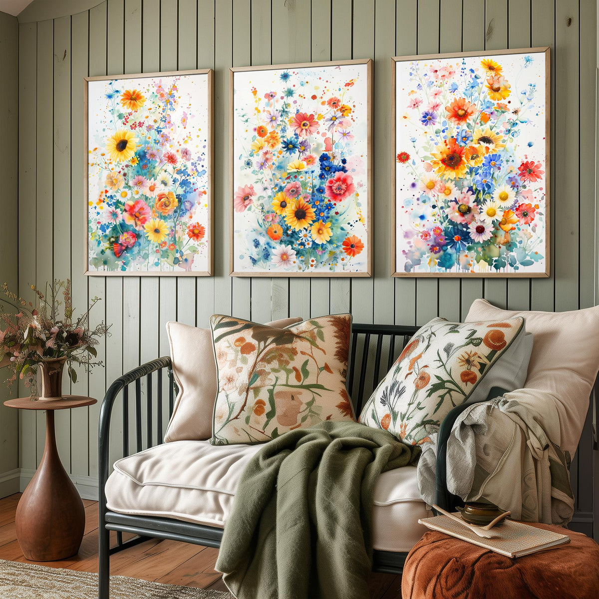 Watercolour Flower Set of Three Art Prints - 3 Sunflower Cornflower Posters - Vivid Botanical Painting Wall Art Gift Bouquet V4