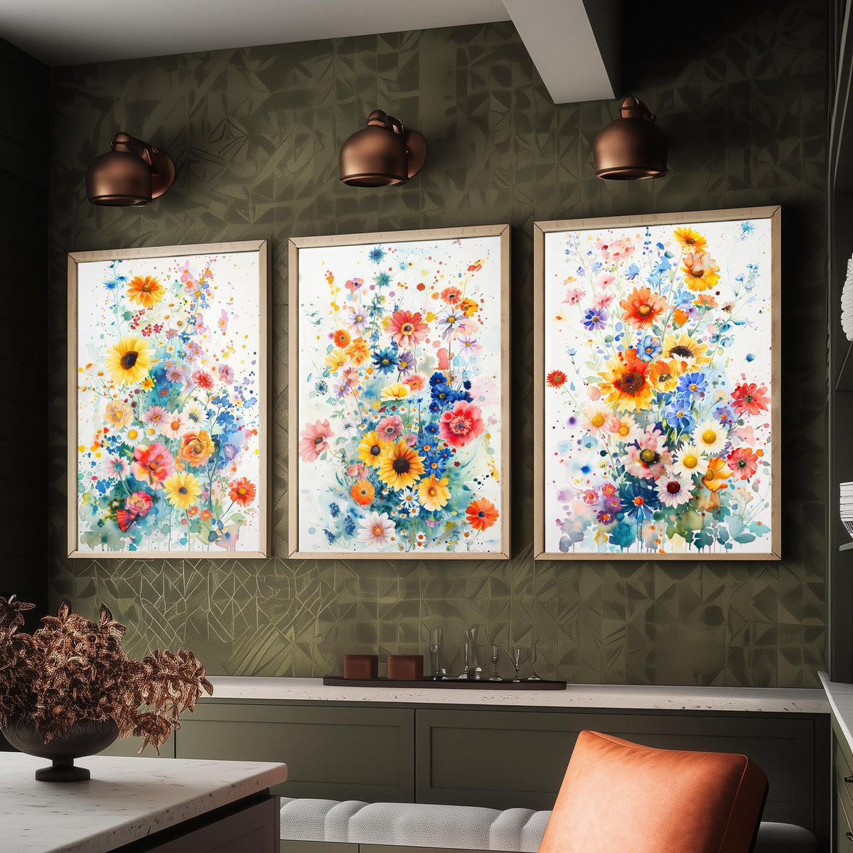 Watercolour Flower Set of Three Art Prints - 3 Sunflower Cornflower Posters - Vivid Botanical Painting Wall Art Gift Bouquet V4