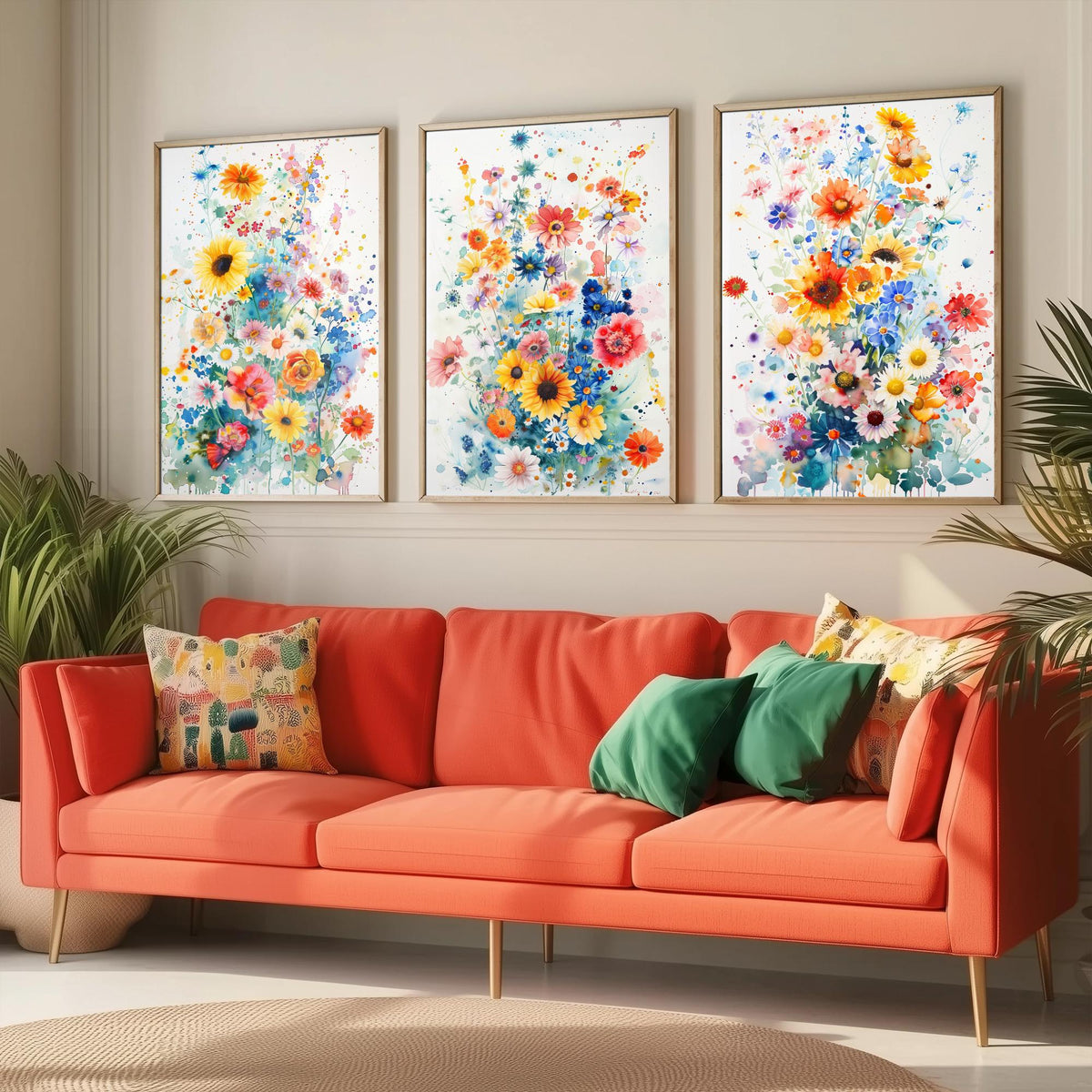 Watercolour Flower Set of Three Art Prints - 3 Sunflower Cornflower Posters - Vivid Botanical Painting Wall Art Gift Bouquet V4