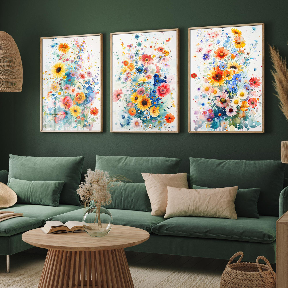 Watercolour Flower Set of Three Art Prints - 3 Sunflower Cornflower Posters - Vivid Botanical Painting Wall Art Gift Bouquet V4