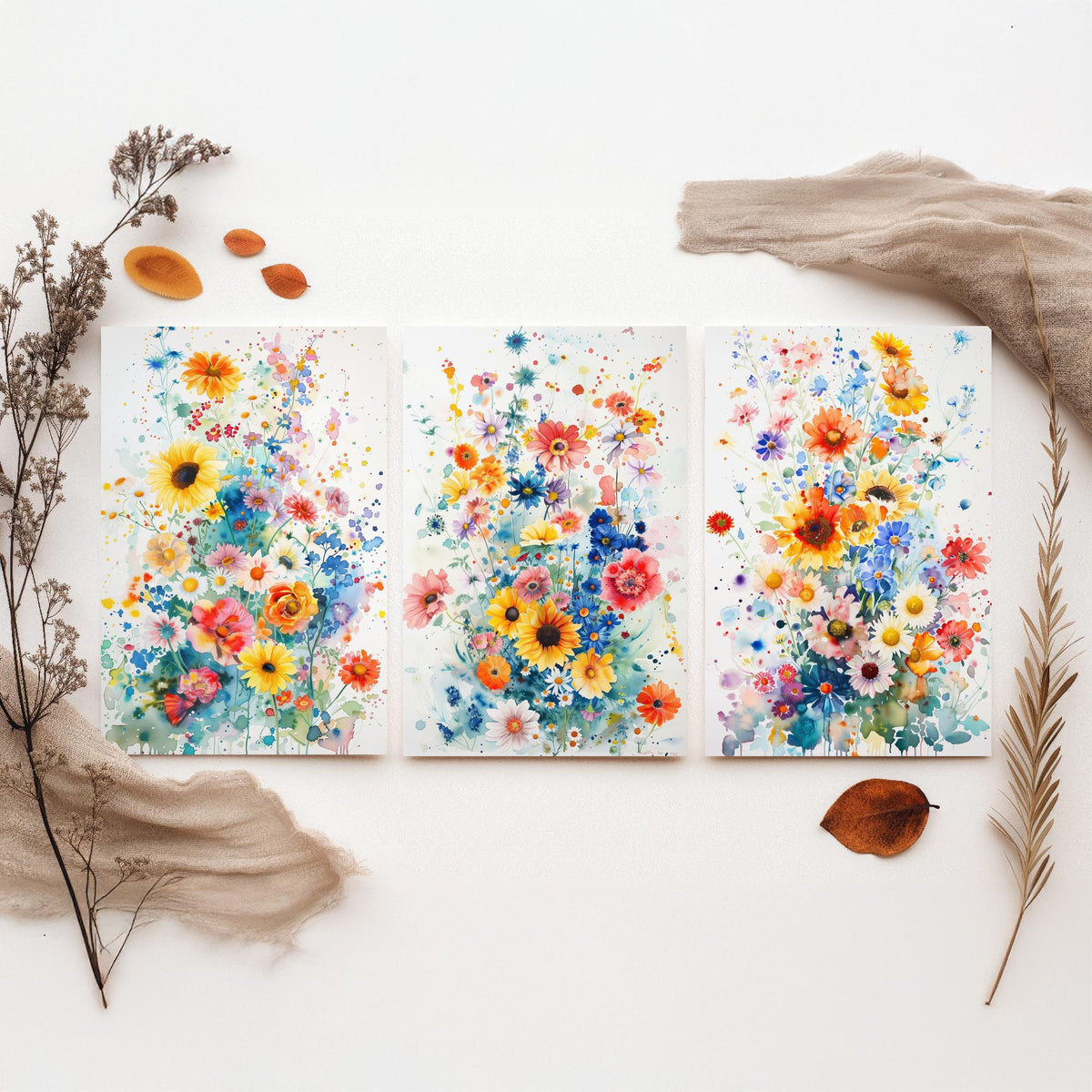 Watercolour Flower Set of Three Art Prints - 3 Sunflower Cornflower Posters - Vivid Botanical Painting Wall Art Gift Bouquet V4