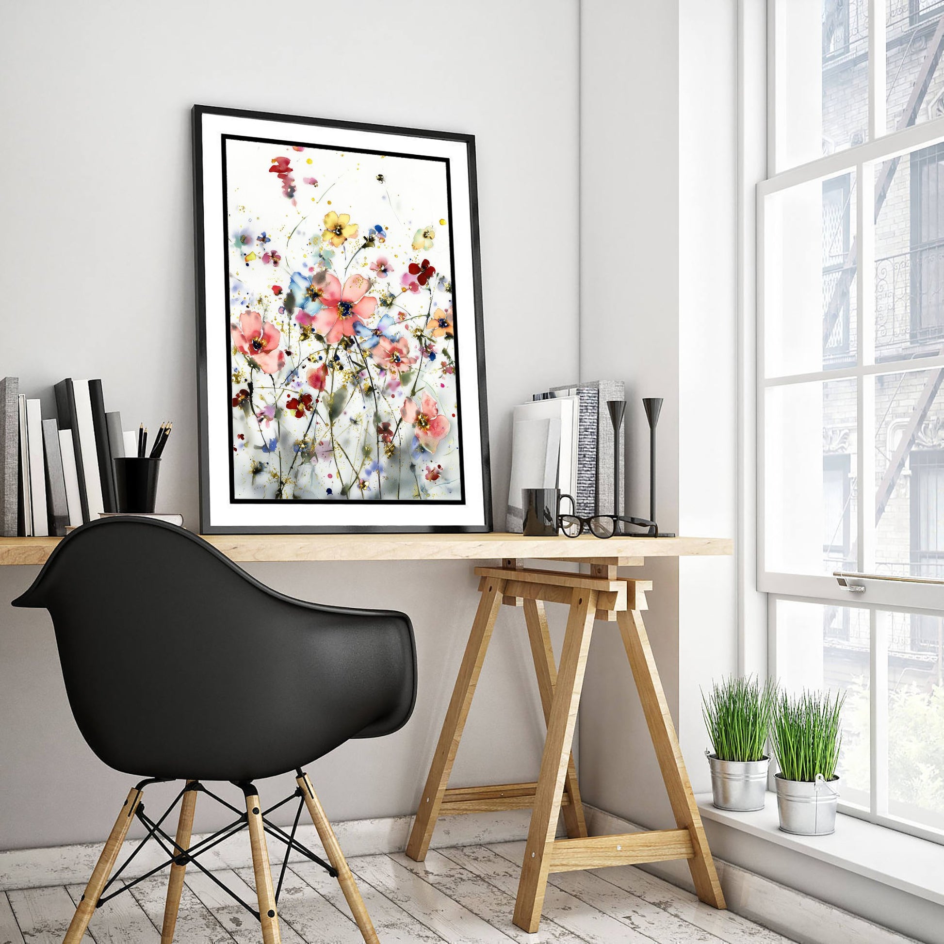 Watercolour Cosmos Art Print - Delicate Floral Painting Poster - Emotive Gold Blooms - Soft Pink Wildflowers V5 1/3