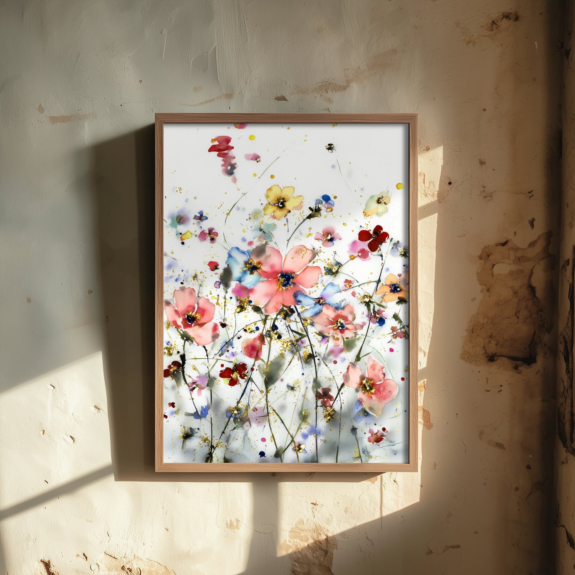 Watercolour Cosmos Art Print - Delicate Floral Painting Poster - Emotive Gold Blooms - Soft Pink Wildflowers V5 1/3