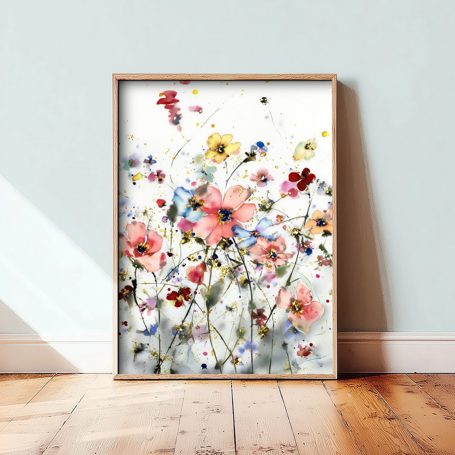 Watercolour Cosmos Art Print - Delicate Floral Painting Poster - Emotive Gold Blooms - Soft Pink Wildflowers V5 1/3