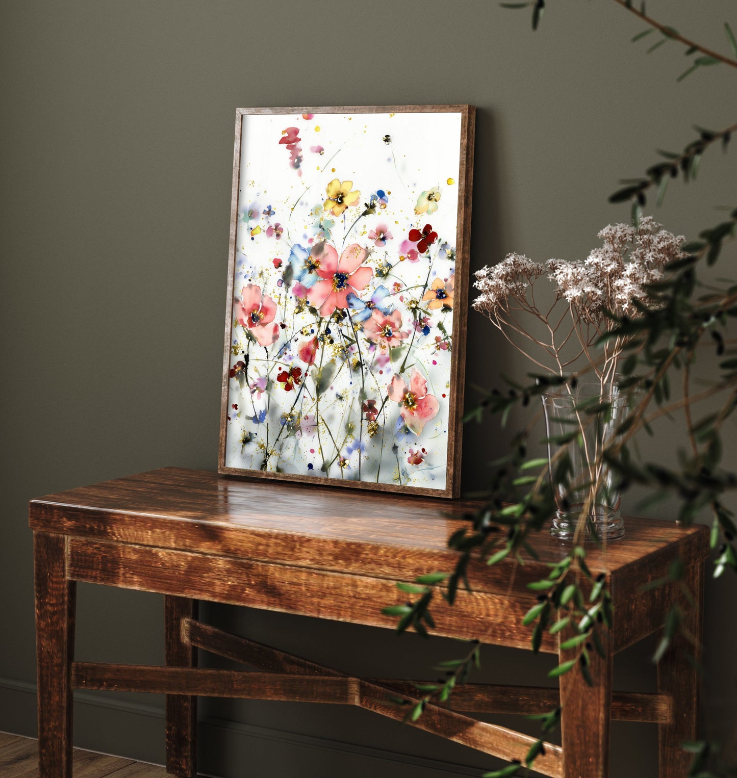 Watercolour Cosmos Art Print - Delicate Floral Painting Poster - Emotive Gold Blooms - Soft Pink Wildflowers V5 1/3