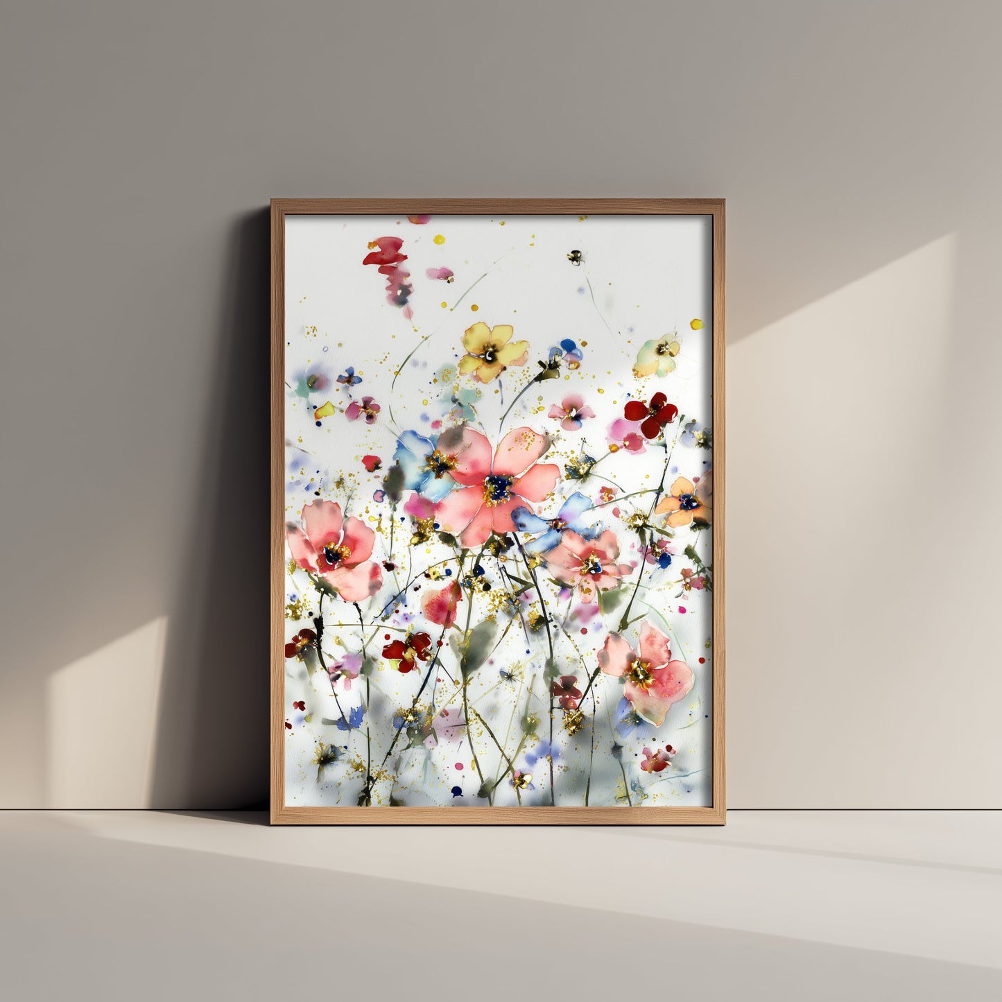 Watercolour Cosmos Art Print - Delicate Floral Painting Poster - Emotive Gold Blooms - Soft Pink Wildflowers V5 1/3