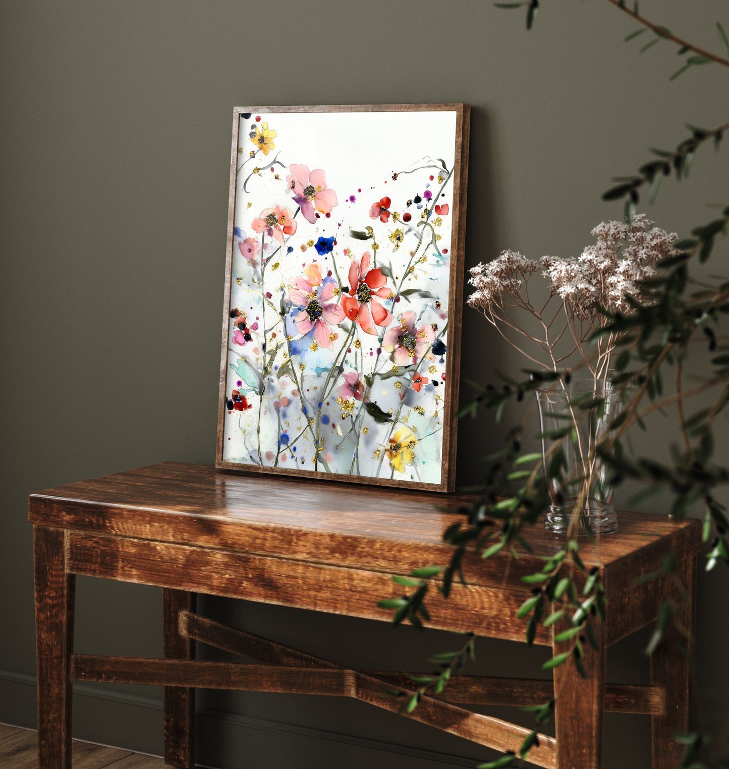 Watercolour Cosmos Art Print - Delicate Floral Painting Poster - Emotive Gold Blooms - Coral Wildflowers V5 2/3