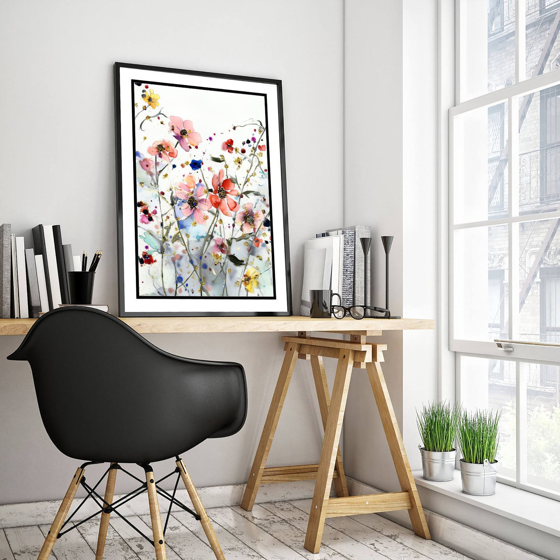 Watercolour Cosmos Art Print - Delicate Floral Painting Poster - Emotive Gold Blooms - Coral Wildflowers V5 2/3