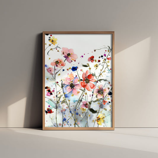 Watercolour Cosmos Art Print - Delicate Floral Painting Poster - Emotive Gold Blooms - Coral Wildflowers V5 2/3