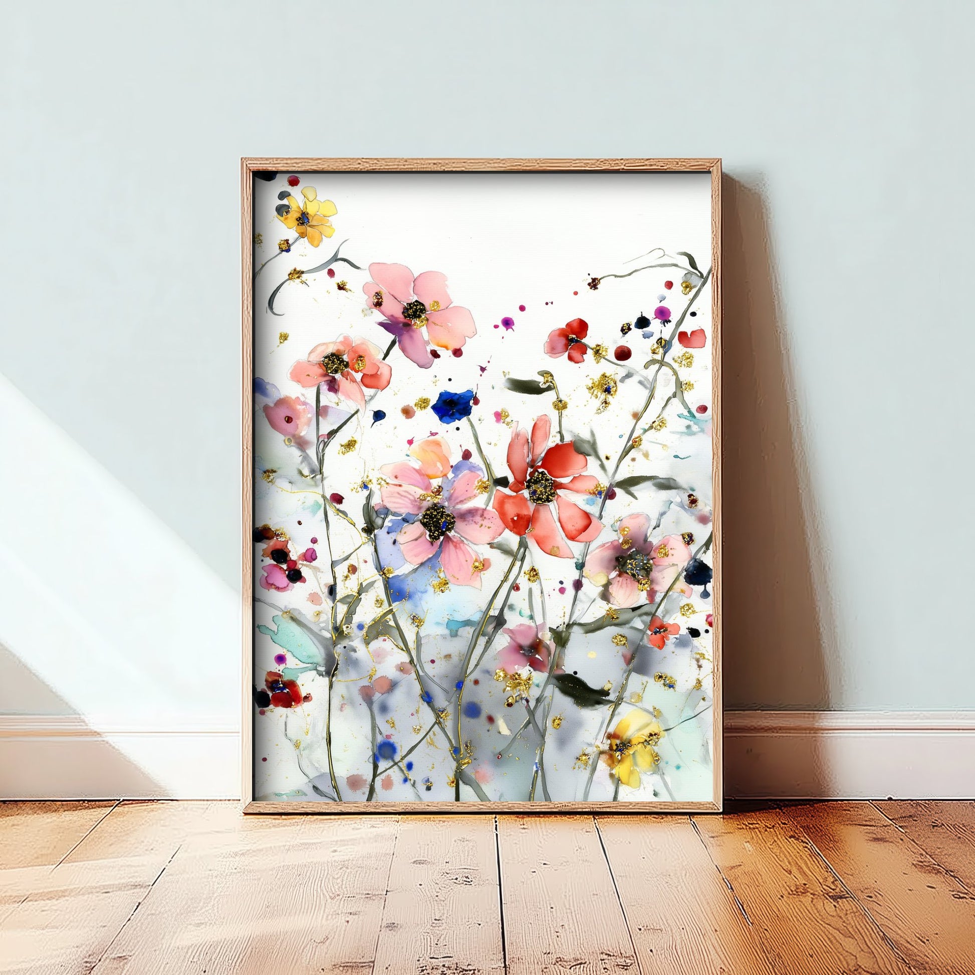 Watercolour Cosmos Art Print - Delicate Floral Painting Poster - Emotive Gold Blooms - Coral Wildflowers V5 2/3
