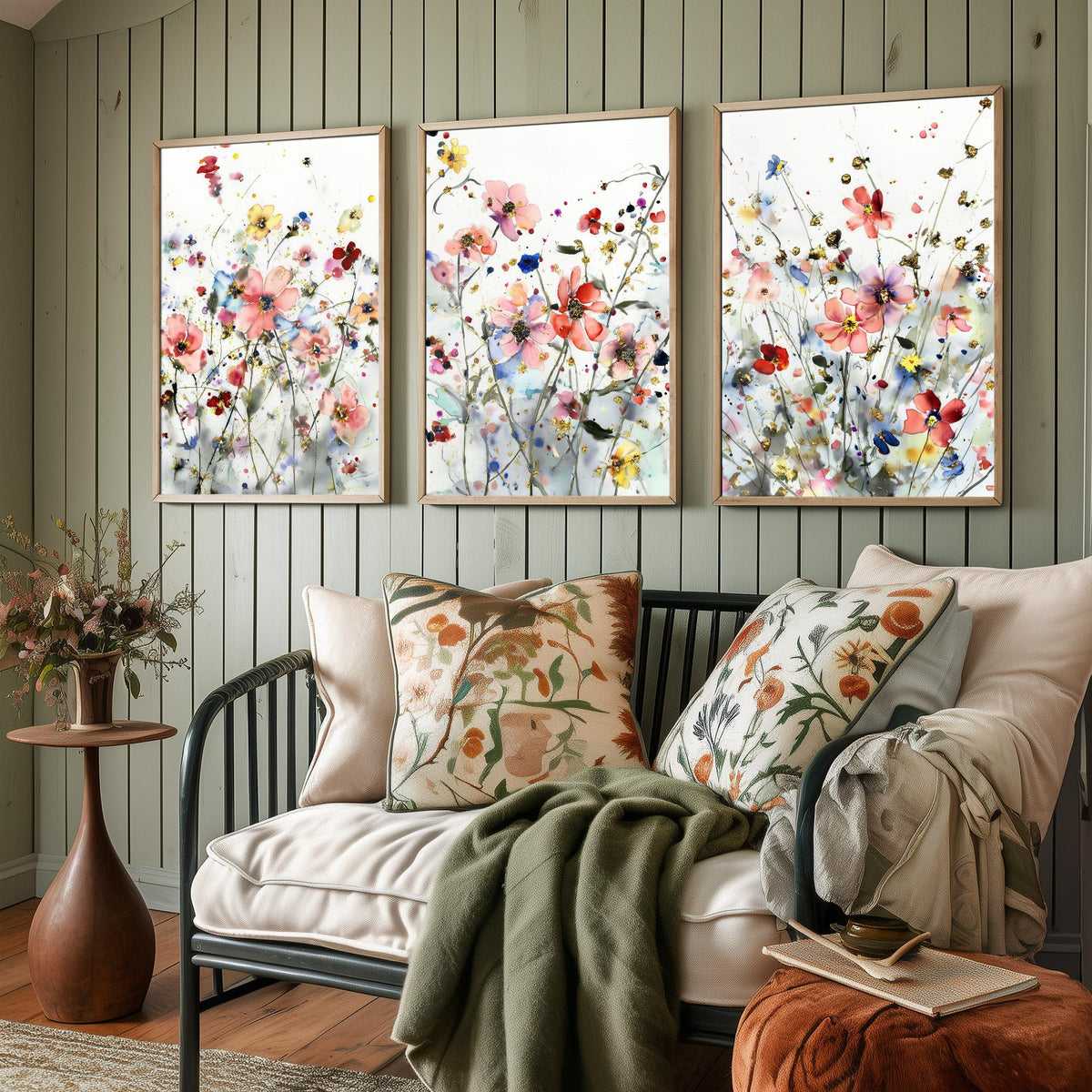 Watercolour Flowers Set of Three Art Prints - 3 Gold Poppy Anemone Posters - Delicate Botanical Painting Wall Art Gift Coral V5