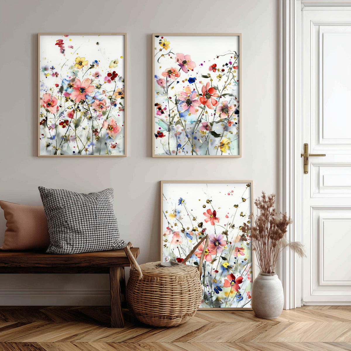 Watercolour Flowers Set of Three Art Prints - 3 Gold Poppy Anemone Posters - Delicate Botanical Painting Wall Art Gift Coral V5