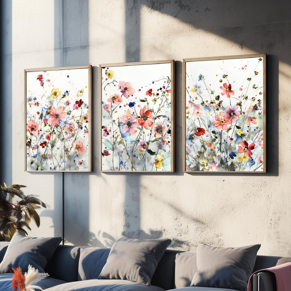 Watercolour Flowers Set of Three Art Prints - 3 Gold Poppy Anemone Posters - Delicate Botanical Painting Wall Art Gift Coral V5
