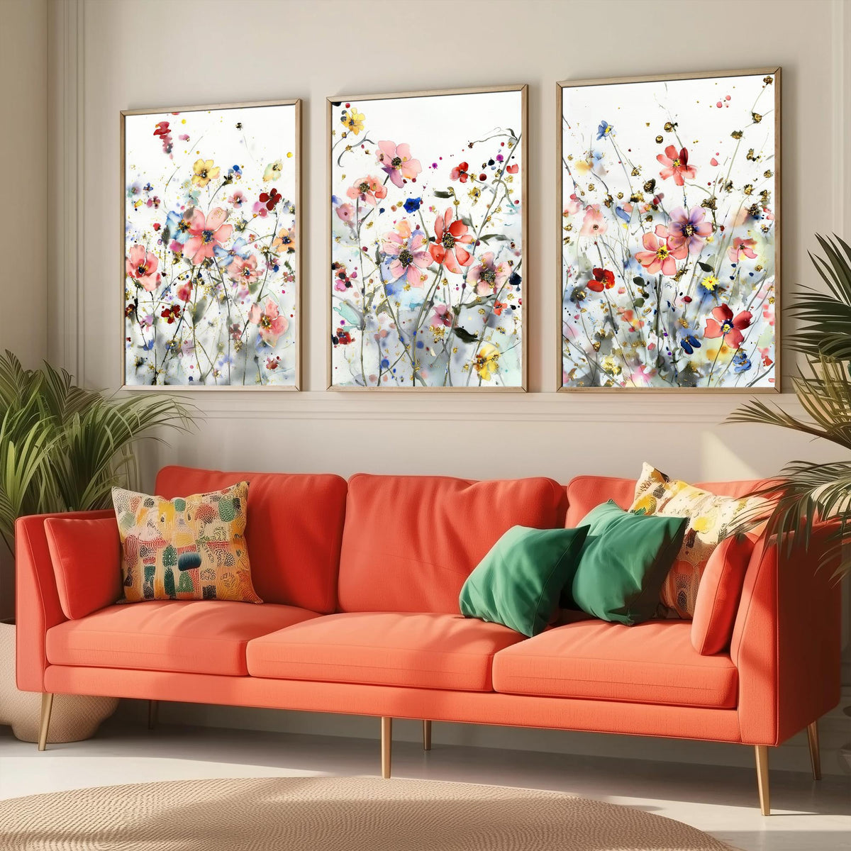 Watercolour Flowers Set of Three Art Prints - 3 Gold Poppy Anemone Posters - Delicate Botanical Painting Wall Art Gift Coral V5
