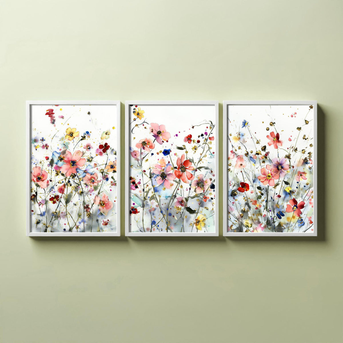 Watercolour Flowers Set of Three Art Prints - 3 Gold Poppy Anemone Posters - Delicate Botanical Painting Wall Art Gift Coral V5