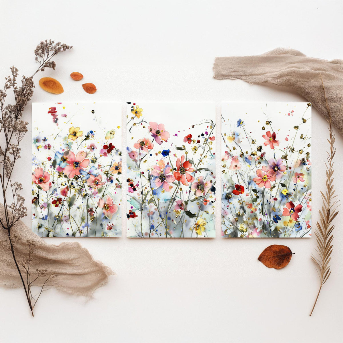 Watercolour Flowers Set of Three Art Prints - 3 Gold Poppy Anemone Posters - Delicate Botanical Painting Wall Art Gift Coral V5