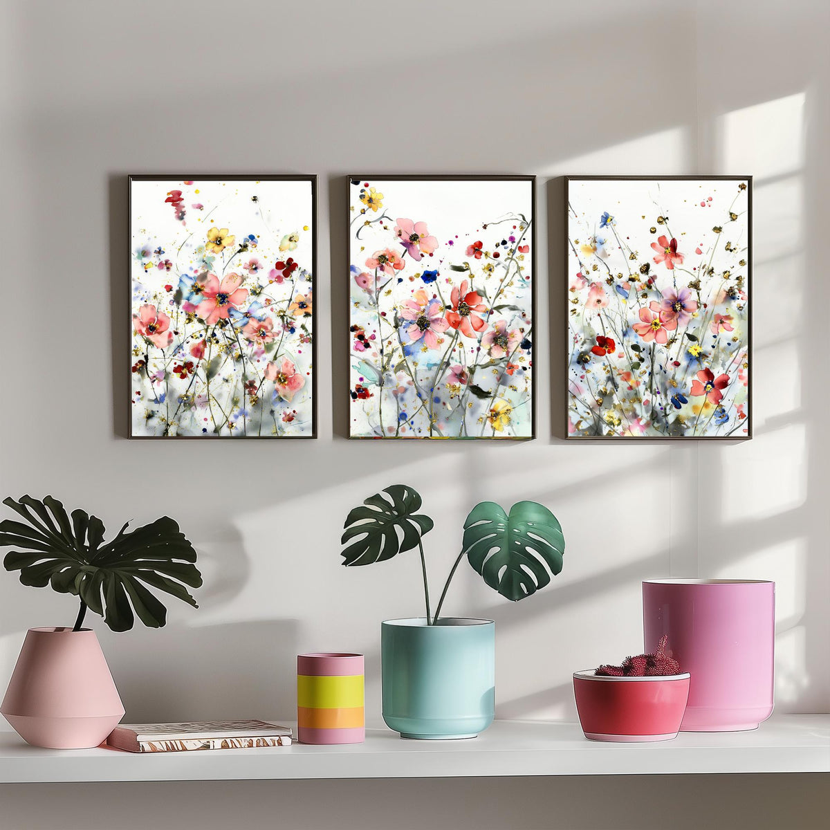 Watercolour Flowers Set of Three Art Prints - 3 Gold Poppy Anemone Posters - Delicate Botanical Painting Wall Art Gift Coral V5
