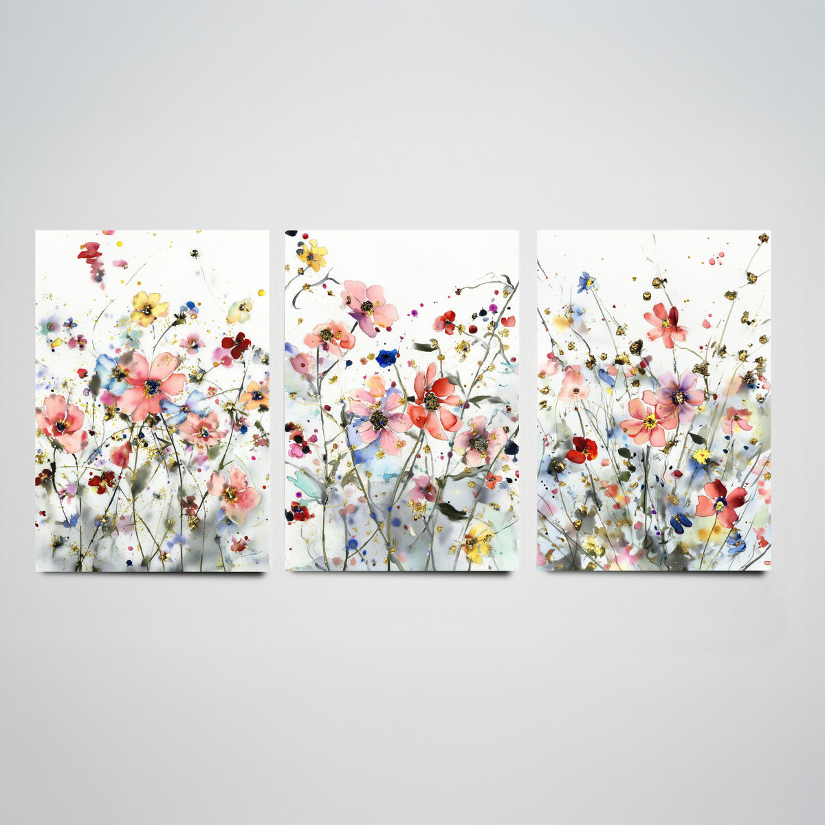Watercolour Flowers Set of Three Art Prints - 3 Gold Poppy Anemone Posters - Delicate Botanical Painting Wall Art Gift Coral V5