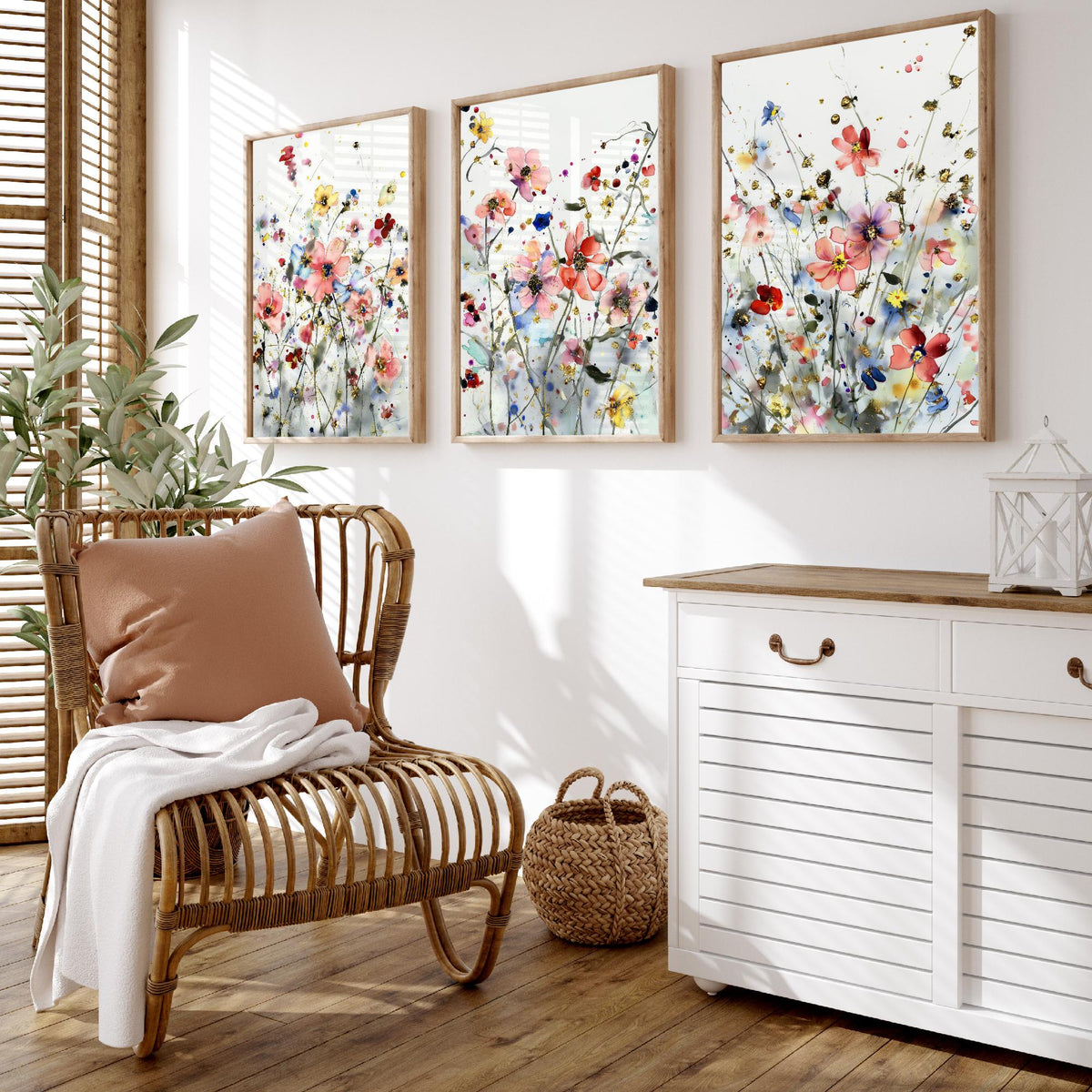 Watercolour Flowers Set of Three Art Prints - 3 Gold Poppy Anemone Posters - Delicate Botanical Painting Wall Art Gift Coral V5