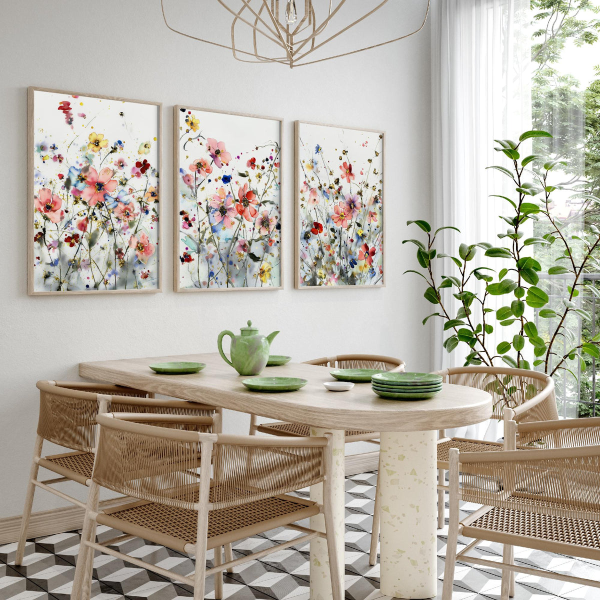 Watercolour Flowers Set of Three Art Prints - 3 Gold Poppy Anemone Posters - Delicate Botanical Painting Wall Art Gift Coral V5