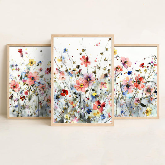 Watercolour Flowers Set of Three Art Prints - 3 Gold Poppy Anemone Posters - Delicate Botanical Painting Wall Art Gift Coral V5