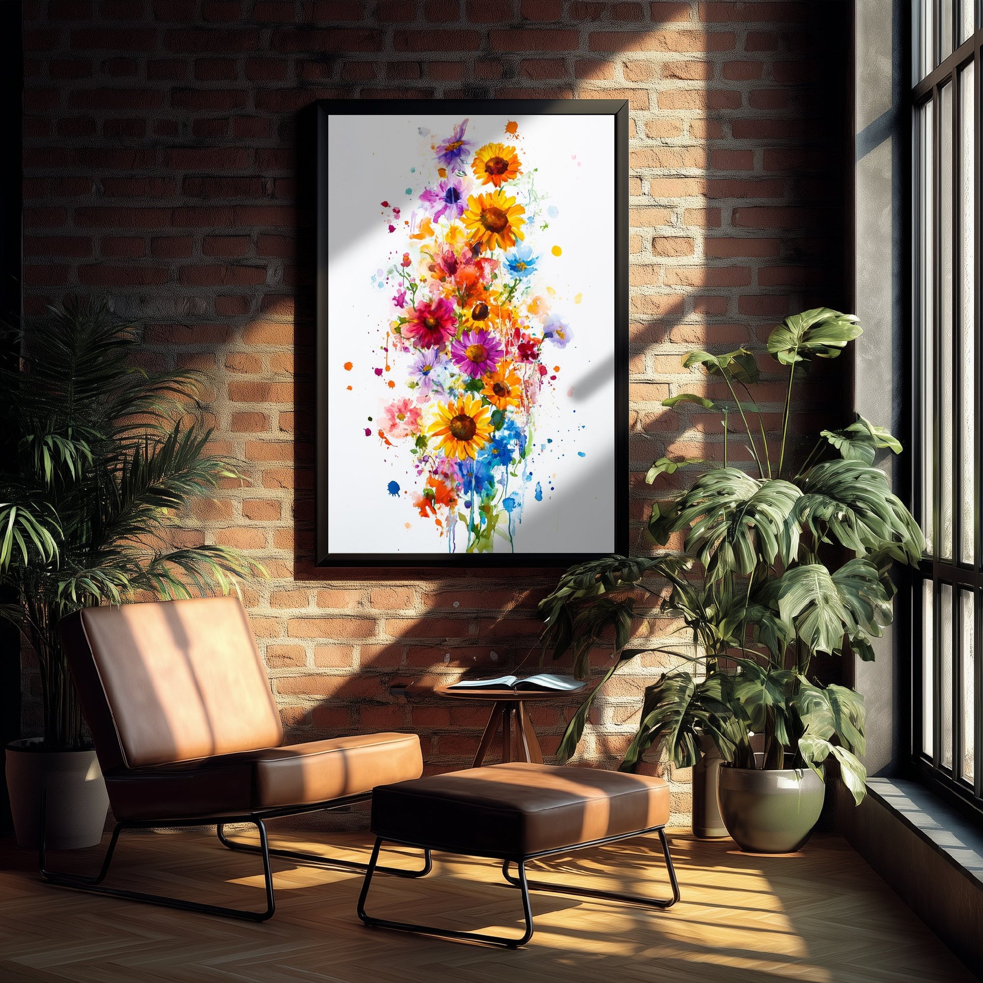 Watercolour Sunflower Art Print - Bold Floral Painting Poster - Emotive Wildflowers - Bright Splash Blooms V6 2/3