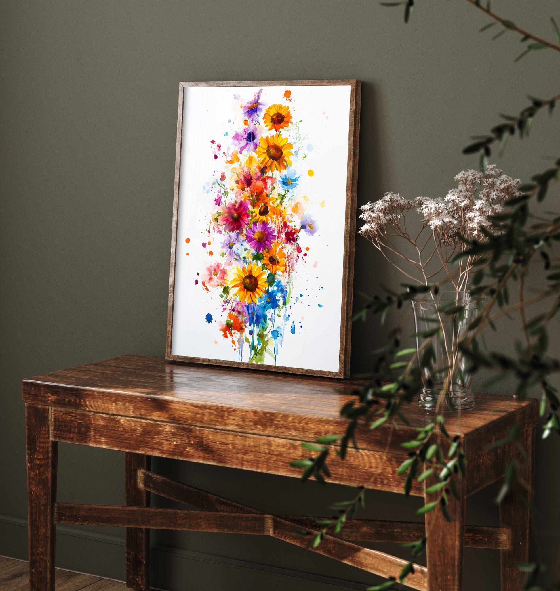 Watercolour Sunflower Art Print - Bold Floral Painting Poster - Emotive Wildflowers - Bright Splash Blooms V6 2/3