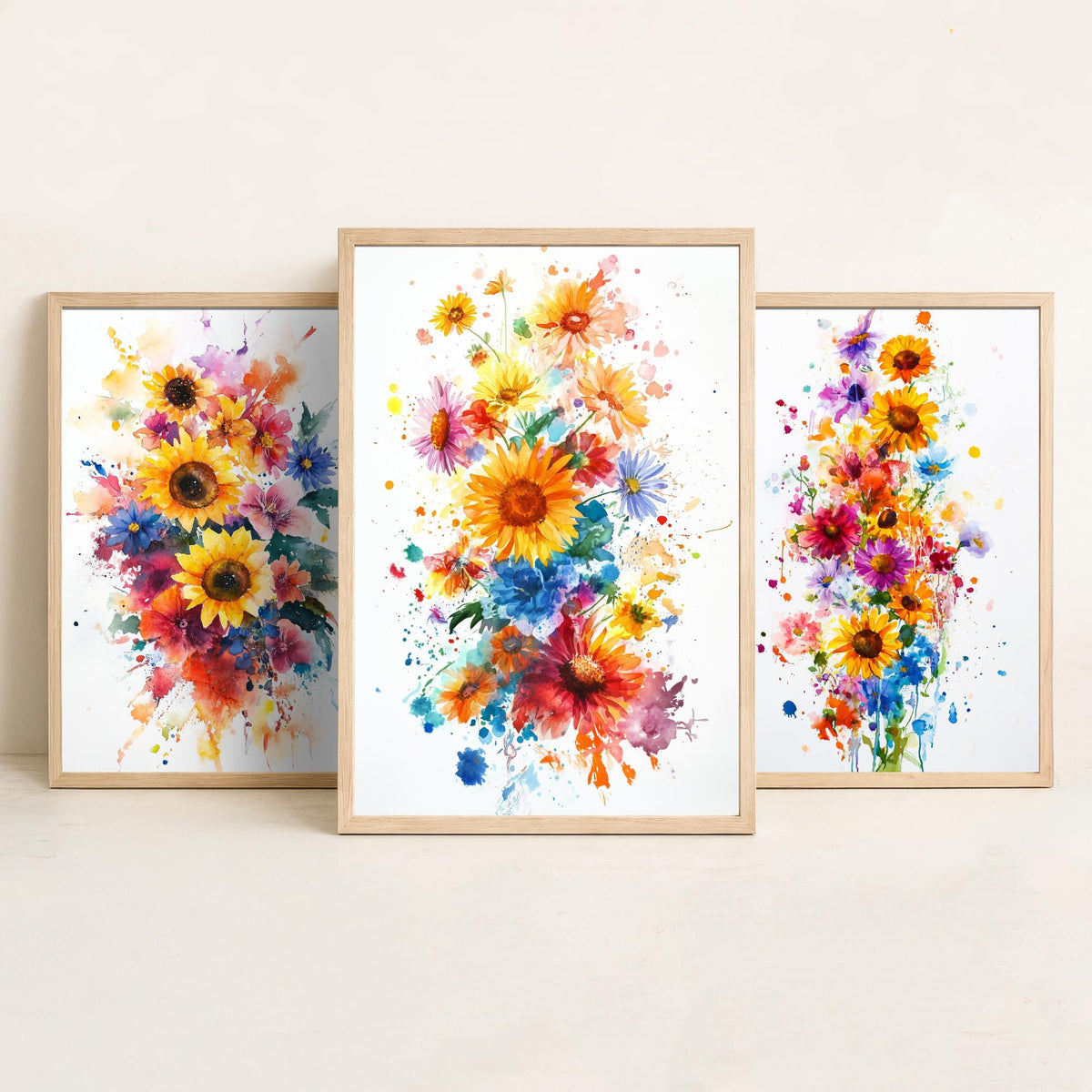 Watercolour Sunflower Set of Three Art Prints - 3 Bold Wildflower Posters - Vibrant Botanical Painting Wall Art Gift Floral V6