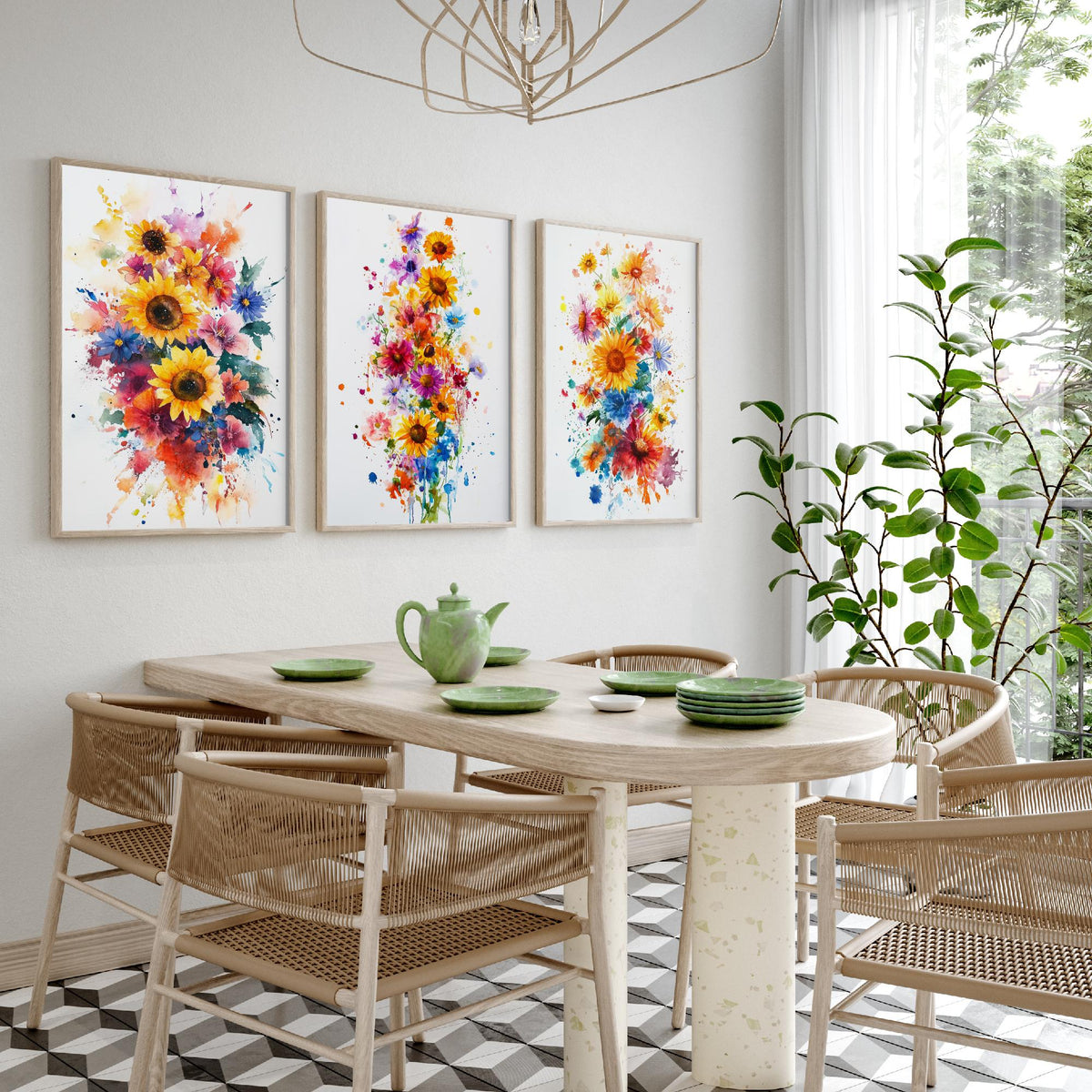 Watercolour Sunflower Set of Three Art Prints - 3 Bold Wildflower Posters - Vibrant Botanical Painting Wall Art Gift Floral V6