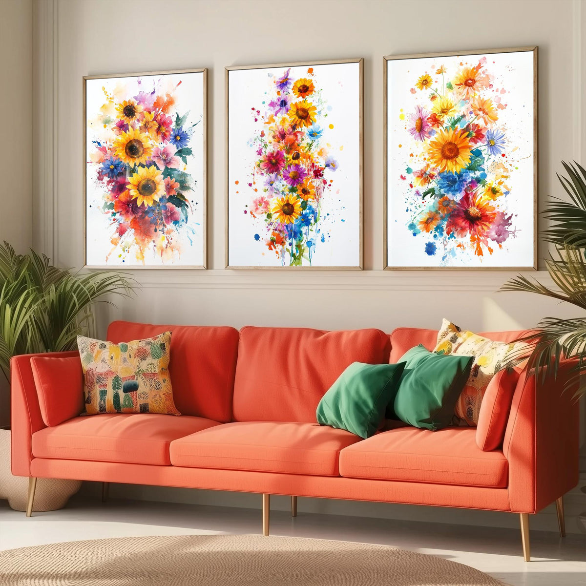 Watercolour Sunflower Set of Three Art Prints - 3 Bold Wildflower Posters - Vibrant Botanical Painting Wall Art Gift Floral V6