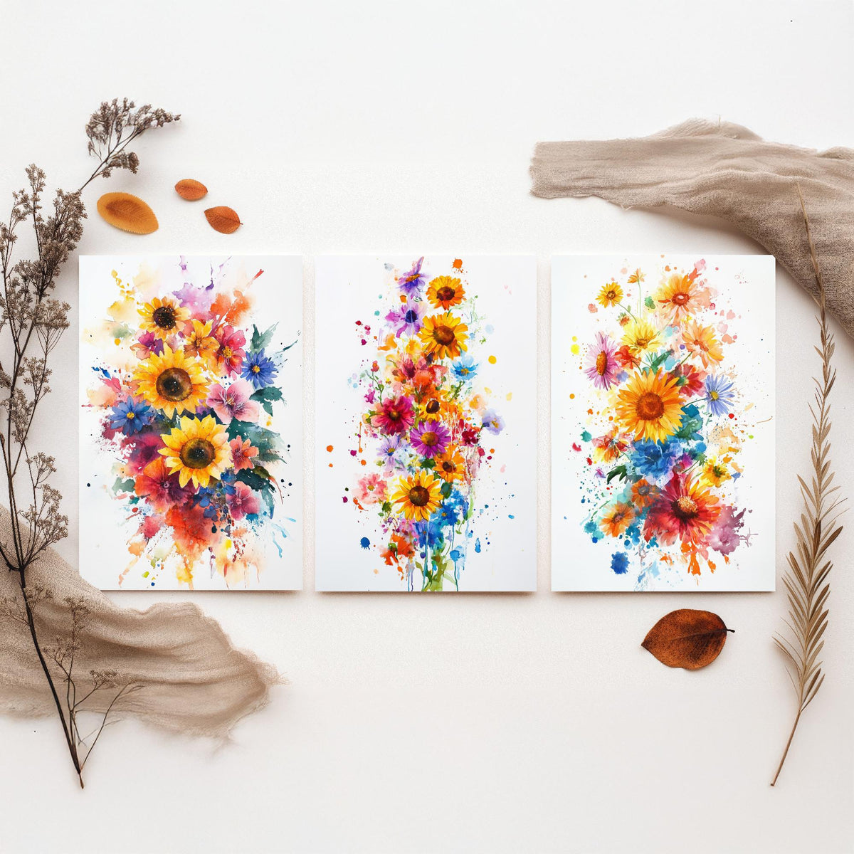 Watercolour Sunflower Set of Three Art Prints - 3 Bold Wildflower Posters - Vibrant Botanical Painting Wall Art Gift Floral V6