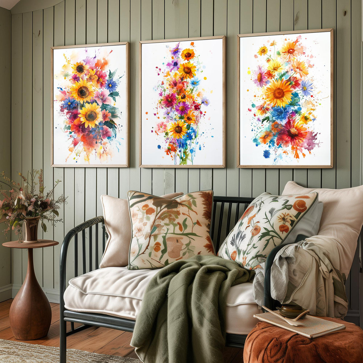 Watercolour Sunflower Set of Three Art Prints - 3 Bold Wildflower Posters - Vibrant Botanical Painting Wall Art Gift Floral V6