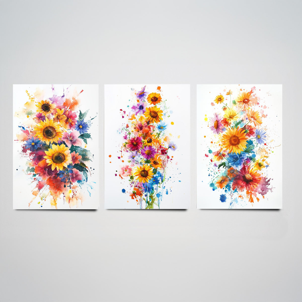Watercolour Sunflower Set of Three Art Prints - 3 Bold Wildflower Posters - Vibrant Botanical Painting Wall Art Gift Floral V6