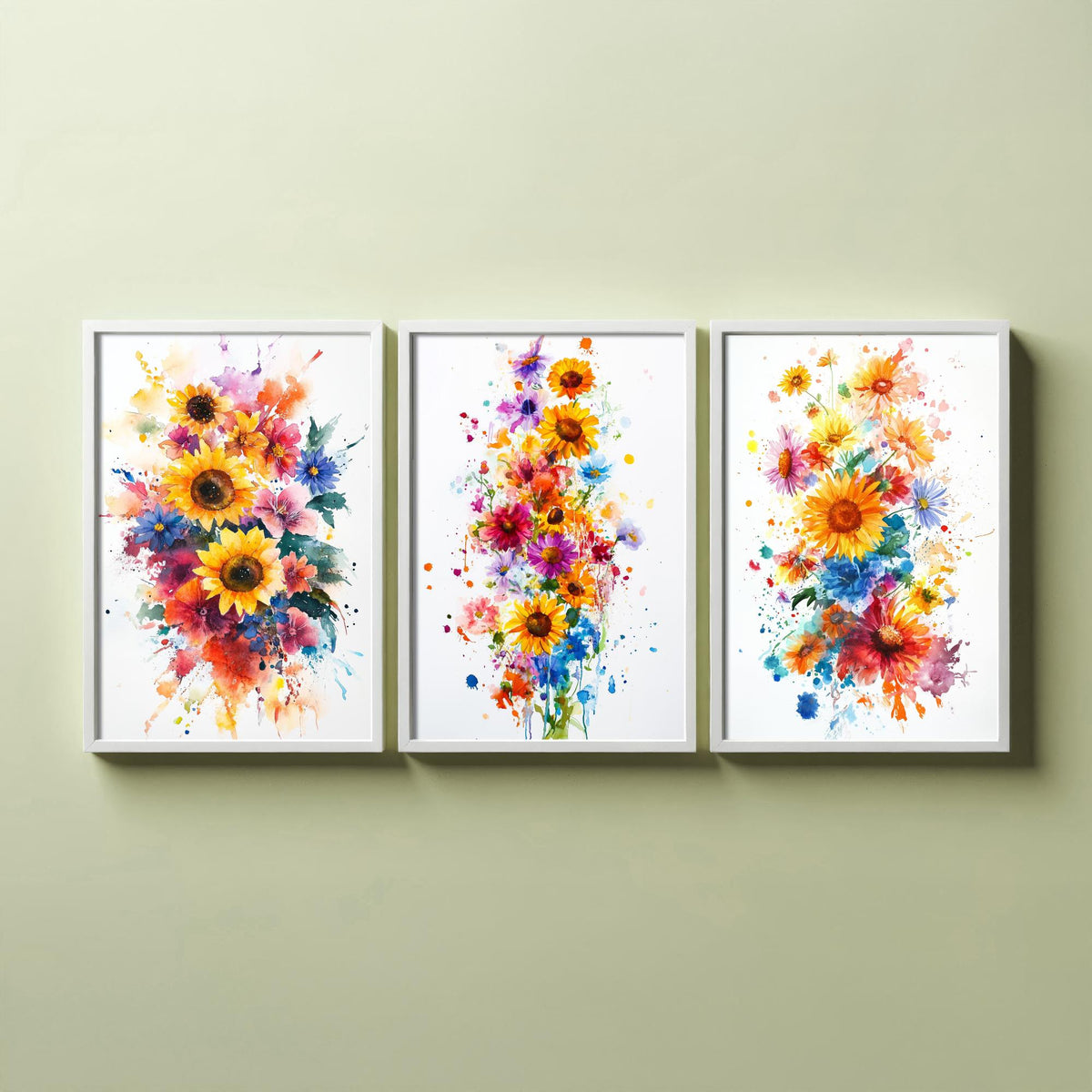 Watercolour Sunflower Set of Three Art Prints - 3 Bold Wildflower Posters - Vibrant Botanical Painting Wall Art Gift Floral V6