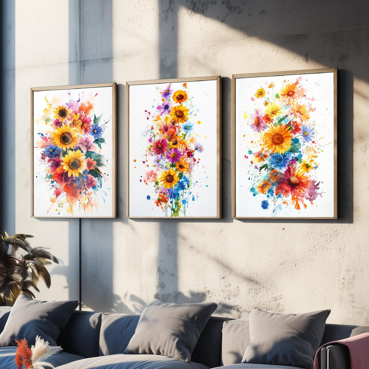 Watercolour Sunflower Set of Three Art Prints - 3 Bold Wildflower Posters - Vibrant Botanical Painting Wall Art Gift Floral V6
